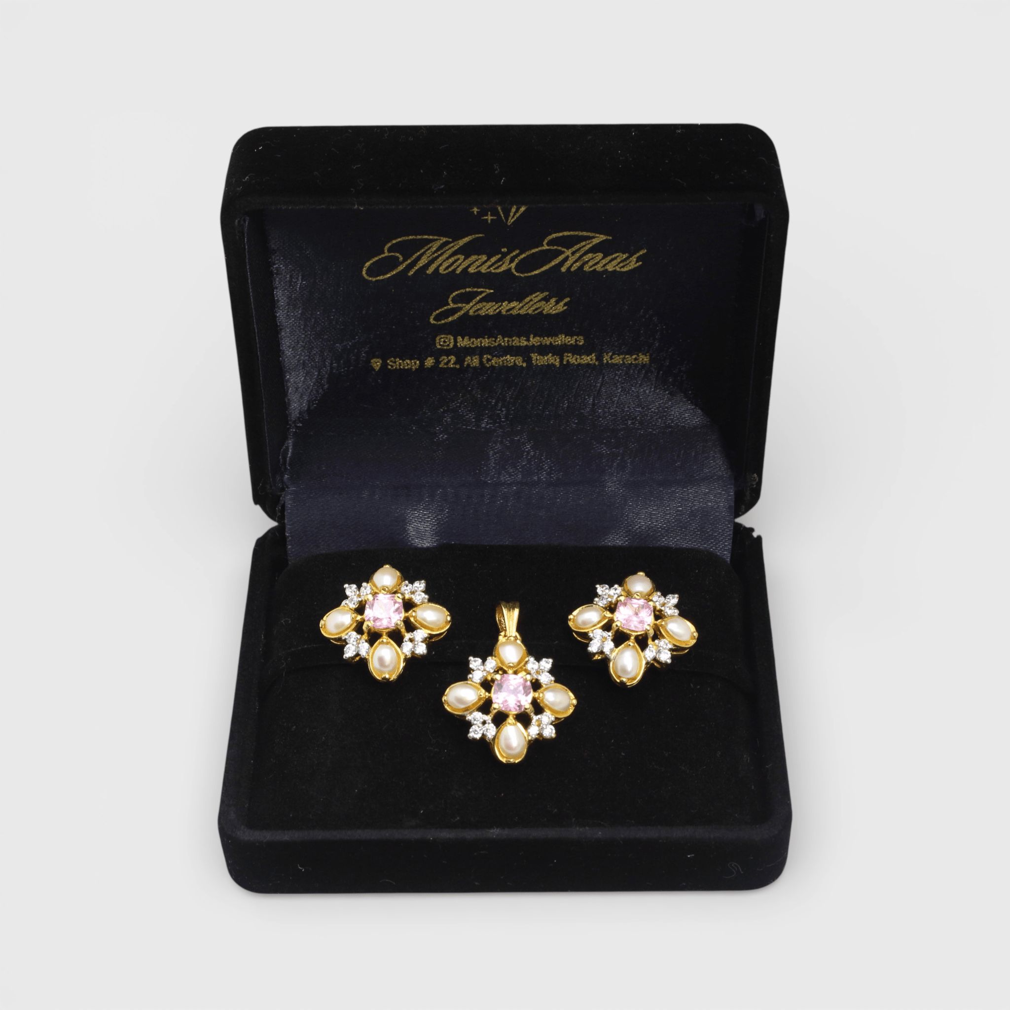 Pink Sapphire Pearl Floral Set – Pendant & Earrings - Monis Anas Jewellers
