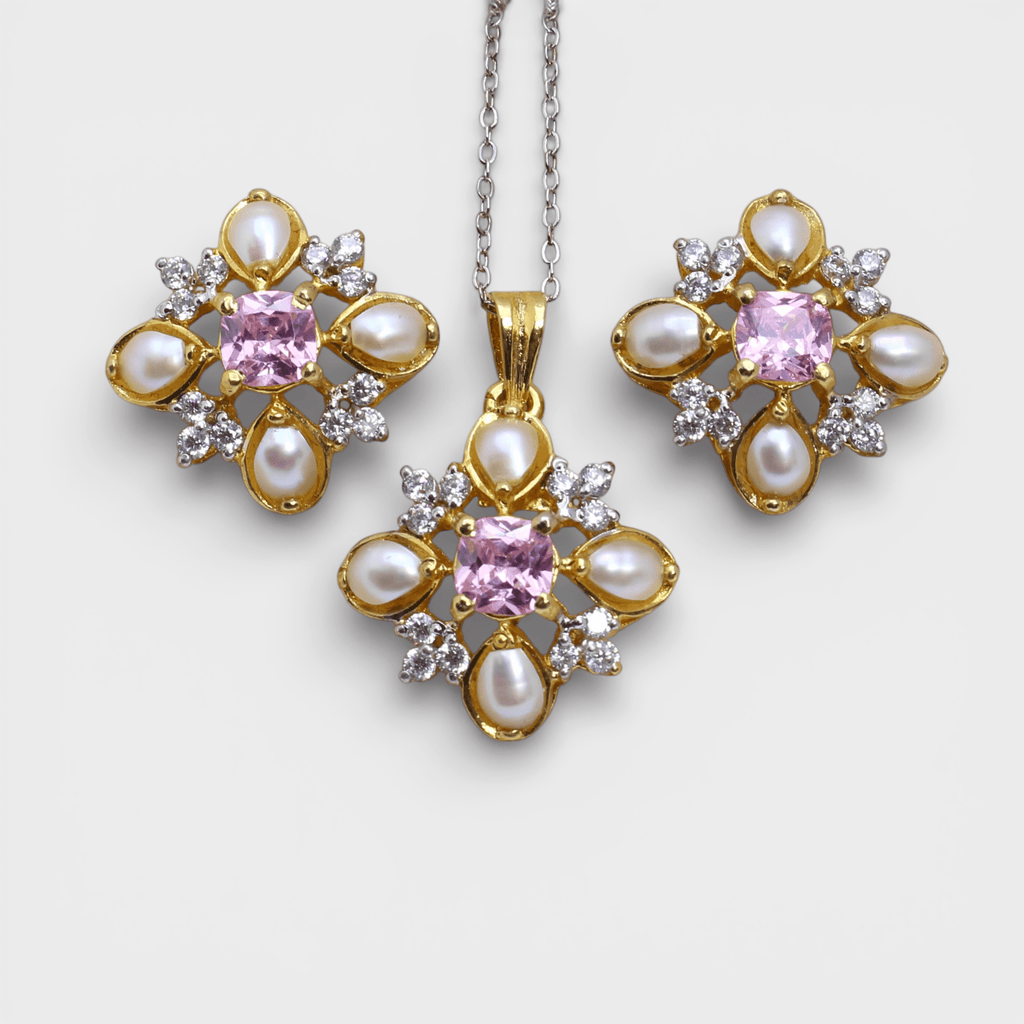 Pink Sapphire Pearl Floral Set – Pendant & Earrings - Monis Anas Jewellers