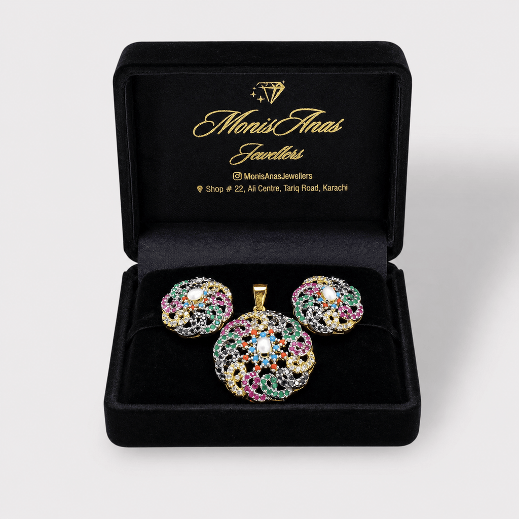 Rainbow Floral Pearl & Multicolor Gemstone Set - Monis Anas Jewellers