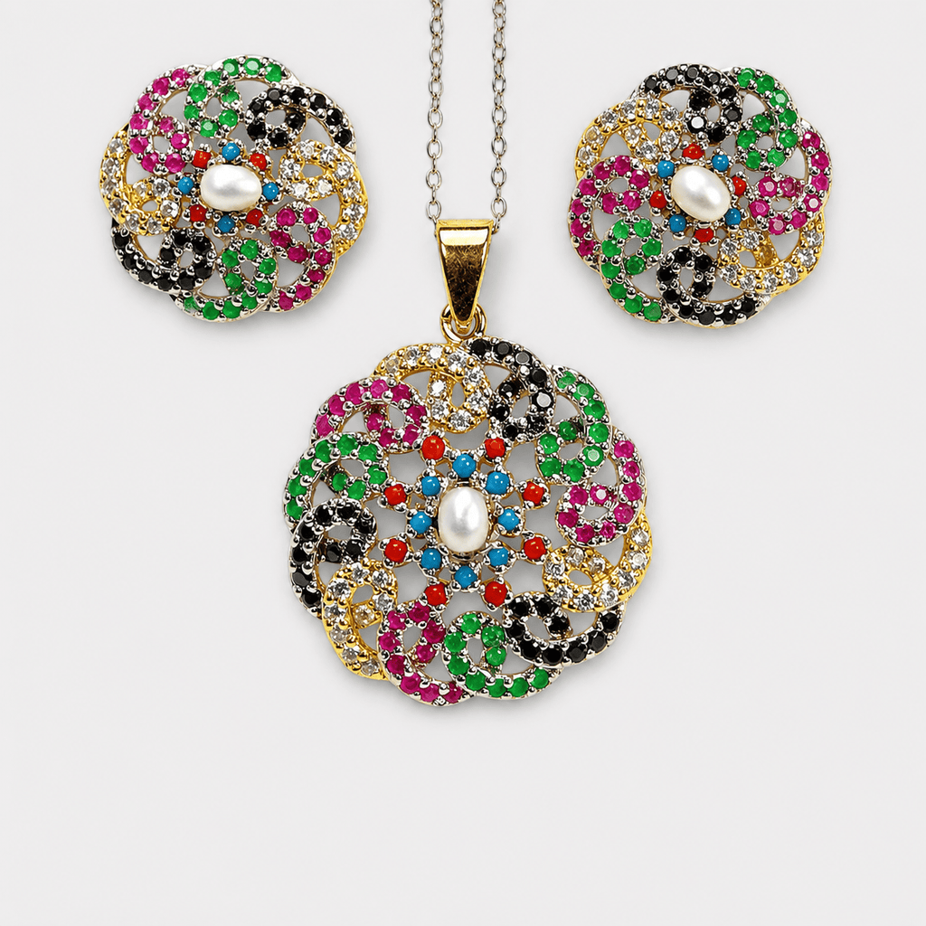 Rainbow Floral Pearl & Multicolor Gemstone Set - Monis Anas Jewellers