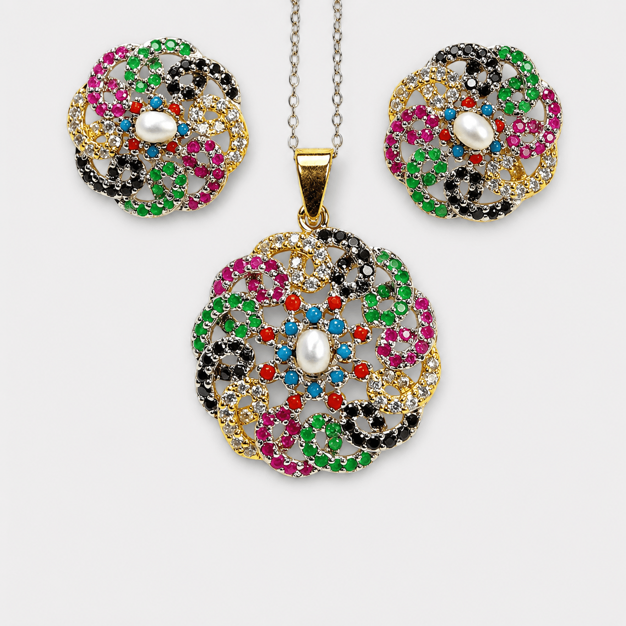 Rainbow Floral Pearl & Multicolor Gemstone Set - Monis Anas Jewellers