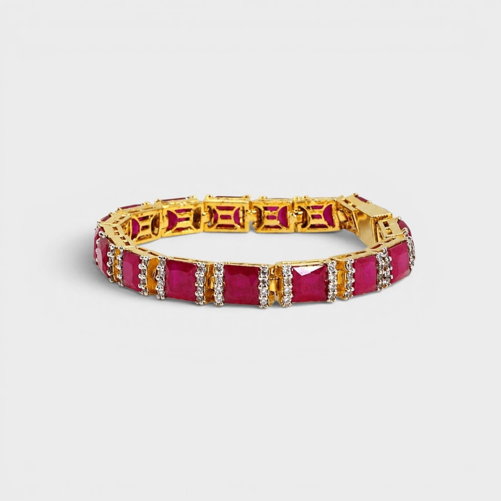 Ruby Red Tennis Bracelet – Emerald-Cut Gems - Gold Plated - Monis Anas Jewellers