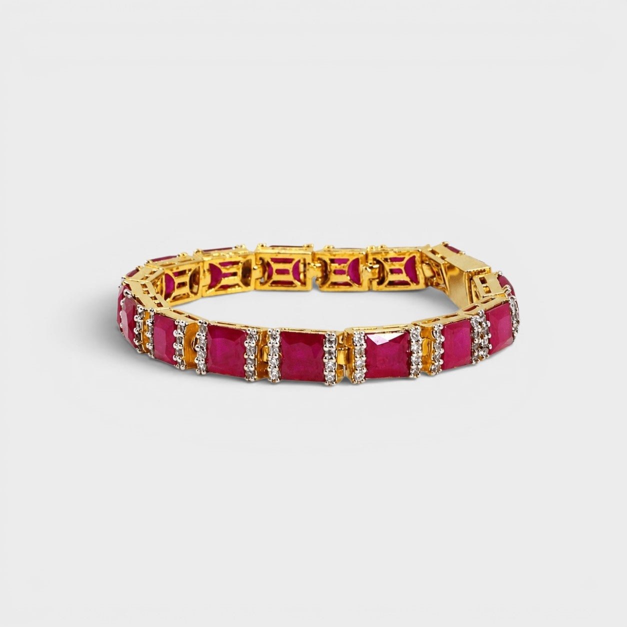 Ruby Red Tennis Bracelet – Emerald-Cut Gems - Gold Plated - Monis Anas Jewellers