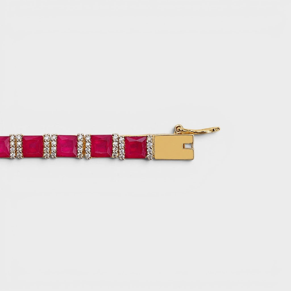 Ruby Red Tennis Bracelet – Emerald-Cut Gems - Gold Plated - Monis Anas Jewellers