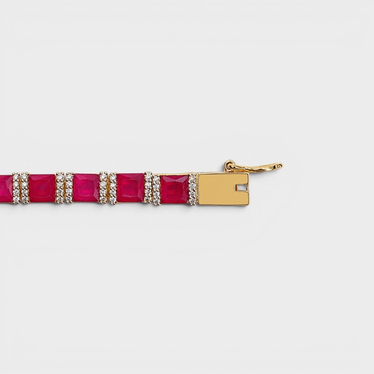 Ruby Red Tennis Bracelet – Emerald-Cut Gems - Gold Plated - Monis Anas Jewellers