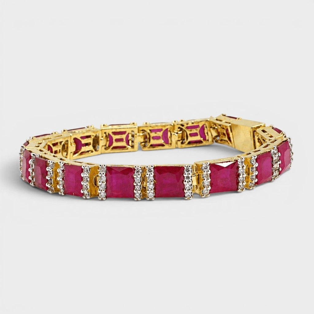 Ruby Red Tennis Bracelet – Emerald-Cut Gems - Gold Plated - Monis Anas Jewellers