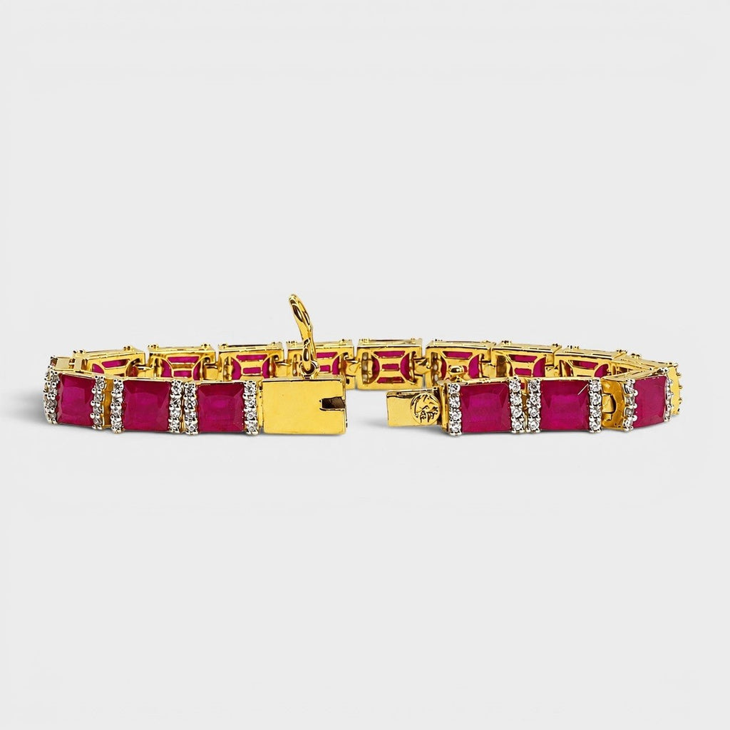 Ruby Red Tennis Bracelet – Emerald-Cut Gems - Gold Plated - Monis Anas Jewellers