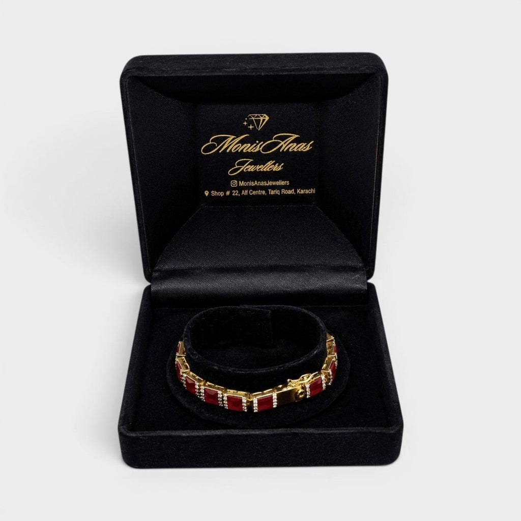 Ruby Red Tennis Bracelet – Emerald-Cut Gems - Gold Plated - Monis Anas Jewellers