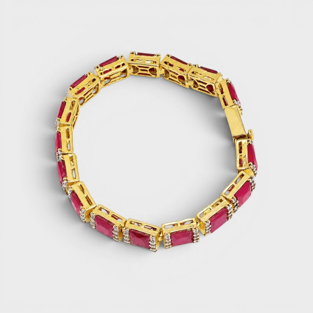 Ruby Red Tennis Bracelet – Emerald-Cut Gems - Gold Plated - Monis Anas Jewellers