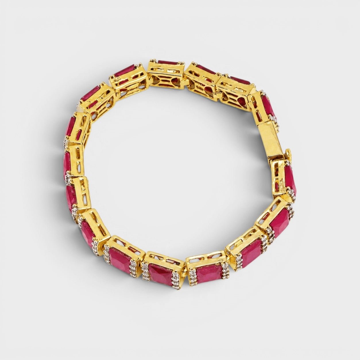 Ruby Red Tennis Bracelet – Emerald-Cut Gems - Gold Plated - Monis Anas Jewellers