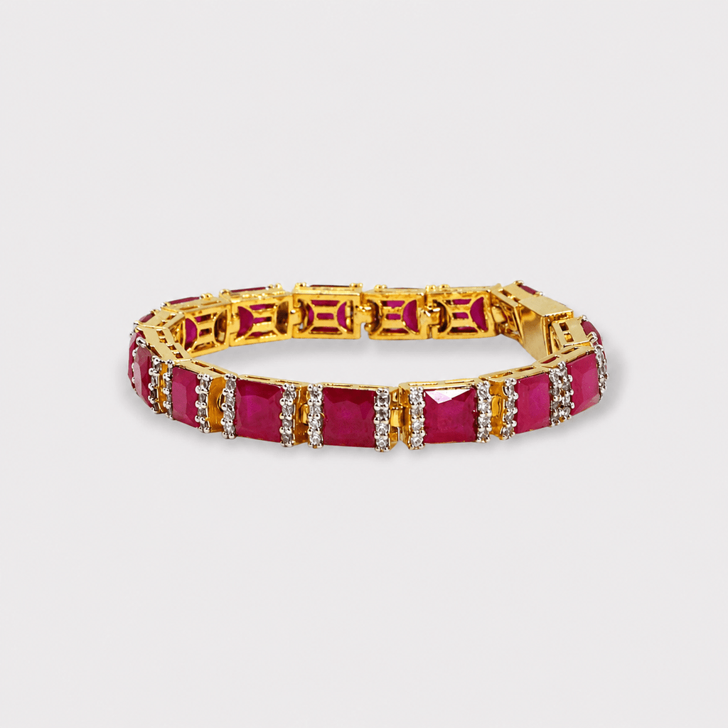 Ruby Red Tennis Bracelet – Emerald - Cut Gems - Gold Plated - Monis Anas Jewellers