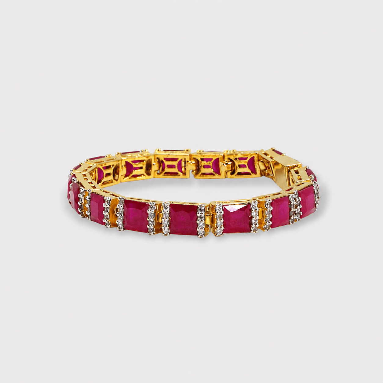 Ruby Red Tennis Bracelet – Emerald - Cut Gems - Gold Plated - Monis Anas Jewellers