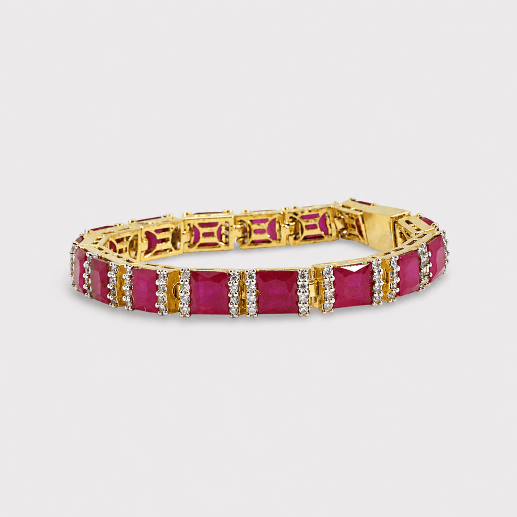 Ruby Red Tennis Bracelet – Emerald - Cut Gems - Gold Plated - Monis Anas Jewellers