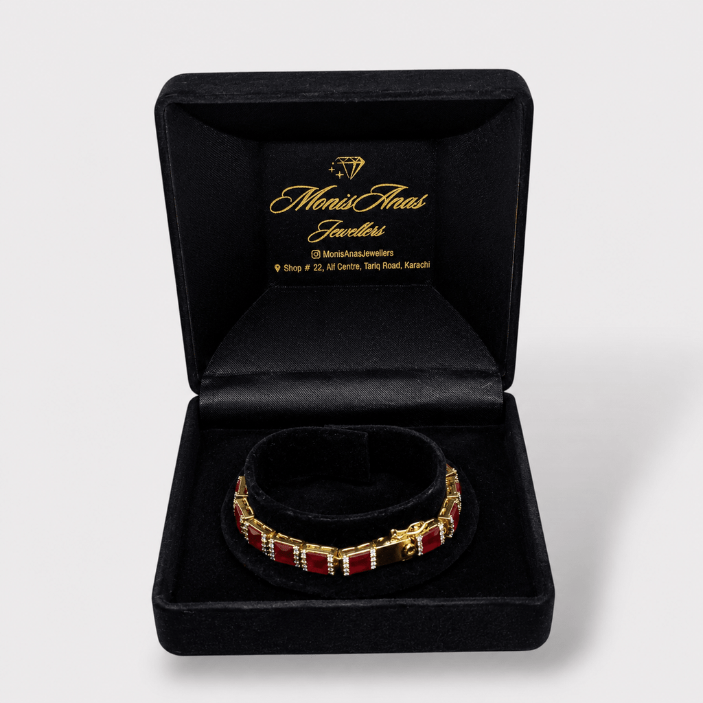 Ruby Red Tennis Bracelet – Emerald - Cut Gems - Gold Plated - Monis Anas Jewellers