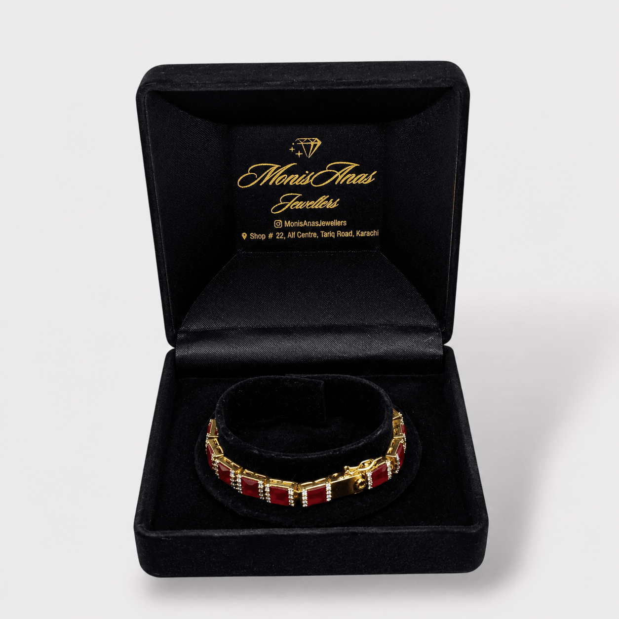 Ruby Red Tennis Bracelet – Emerald - Cut Gems - Gold Plated - Monis Anas Jewellers